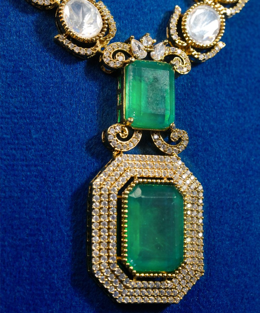 Royal Emerald Pendant Moissanite Finish Long Necklace - Image 3