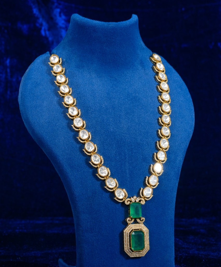 Royal Emerald Pendant Moissanite Finish Long Necklace - Image 5