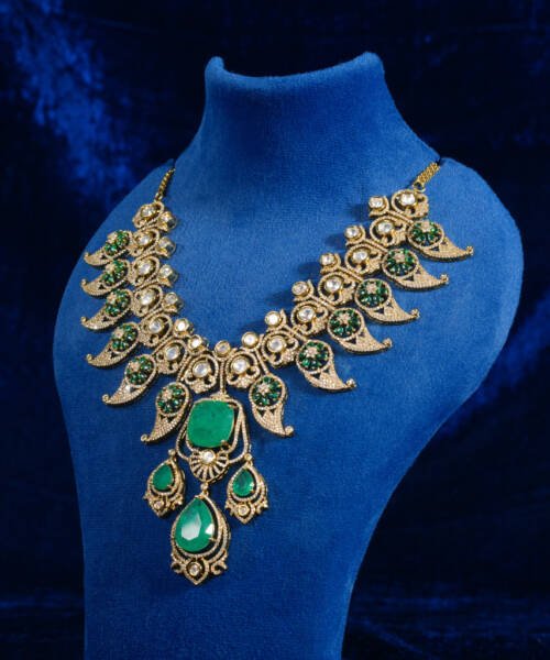 Royal Emerald Moissanite Finish Statement Necklace Set for Bridal & Party Wear