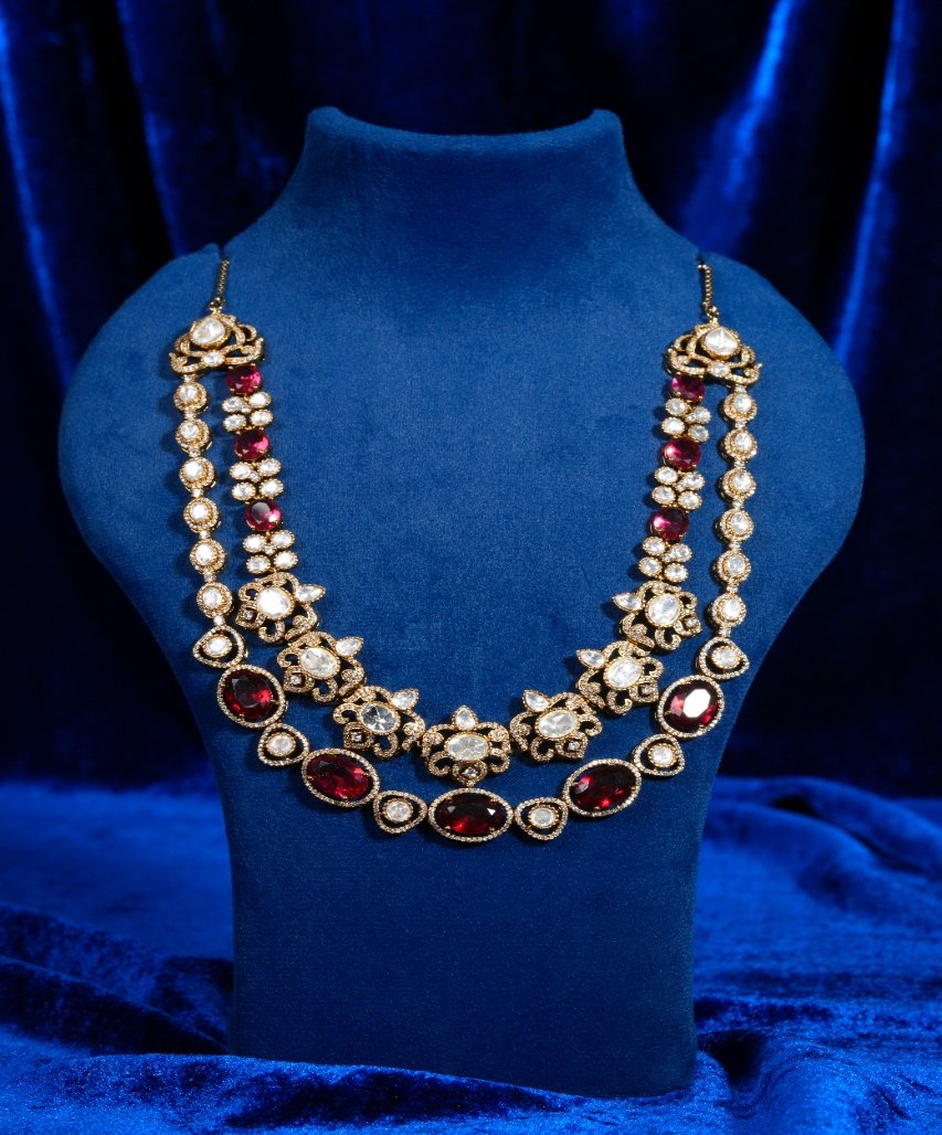 Royal Dual-Layer Ruby & Moissanite Floral Necklace Set - Image 4