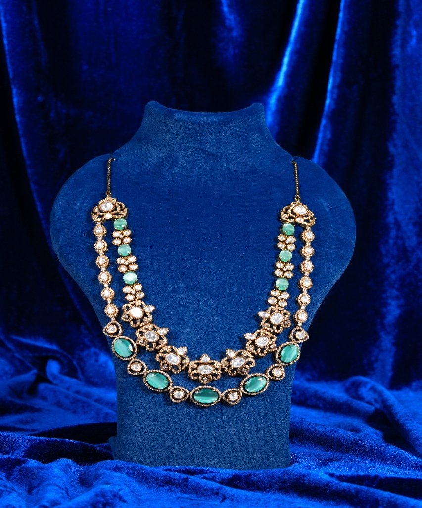 Royal Emerald Green Dual-Layer Moissanite Floral Necklace Set - Image 4