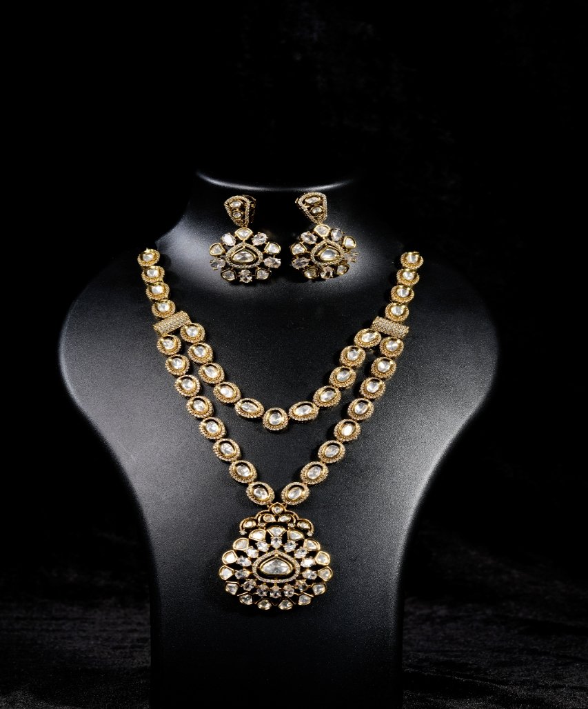 Royal Kundan Moissanite Finish Long Necklace & Earrings Set - Image 2