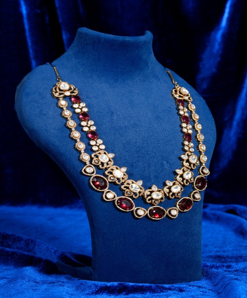 Royal Dual-Layer Ruby & Moissanite Floral Necklace Set - Image 2