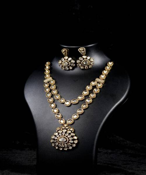 Royal Kundan Moissanite Finish Long Necklace & Earrings Set
