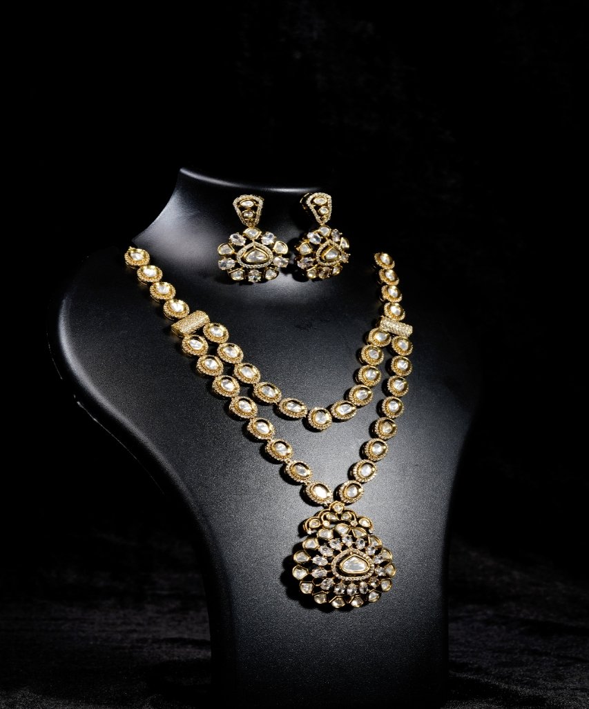 Royal Kundan Moissanite Finish Long Necklace & Earrings Set - Image 3