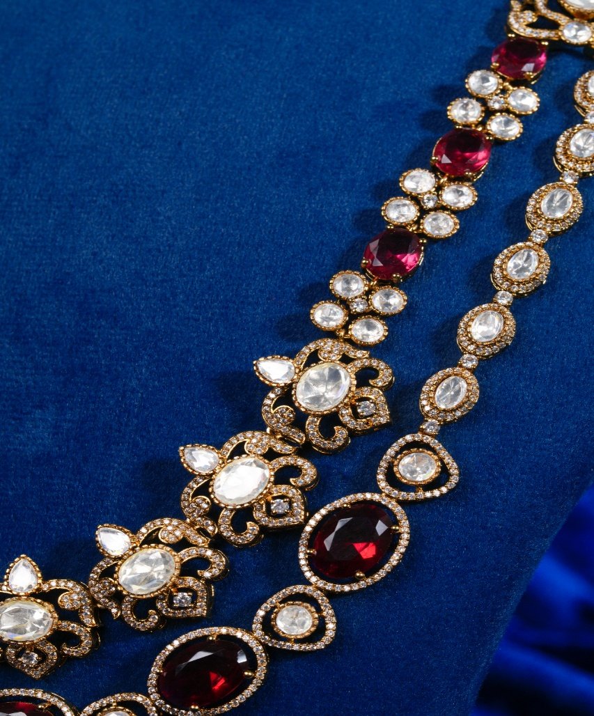 Royal Dual-Layer Ruby & Moissanite Floral Necklace Set - Image 3