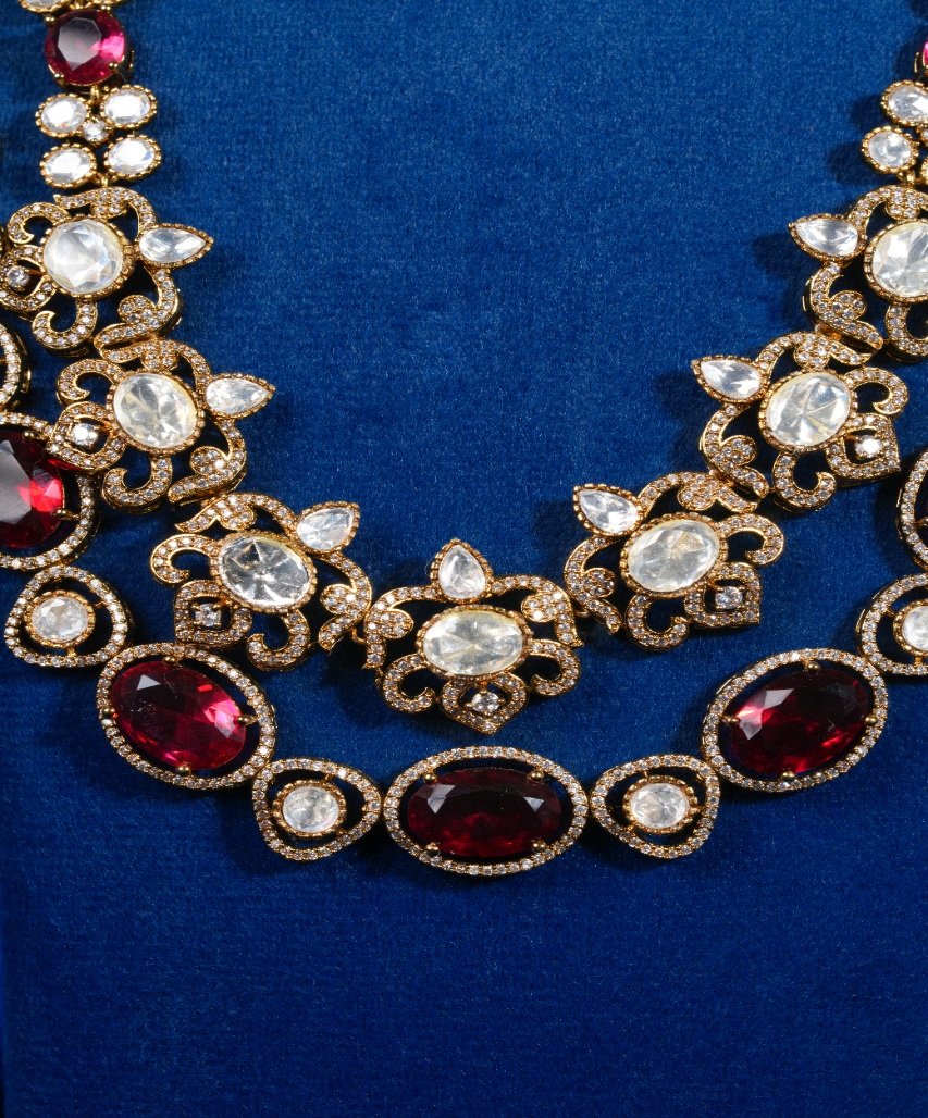 Royal Dual-Layer Ruby & Moissanite Floral Necklace Set - Image 5