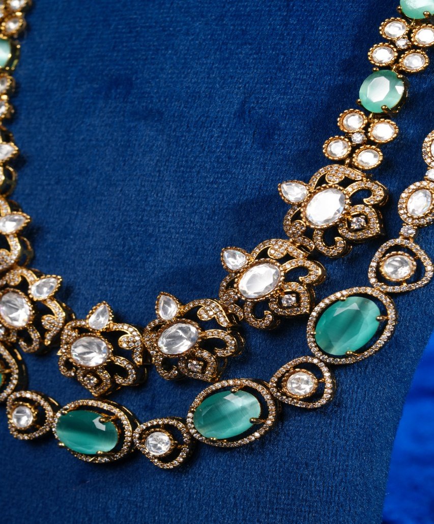 Royal Emerald Green Dual-Layer Moissanite Floral Necklace Set - Image 3