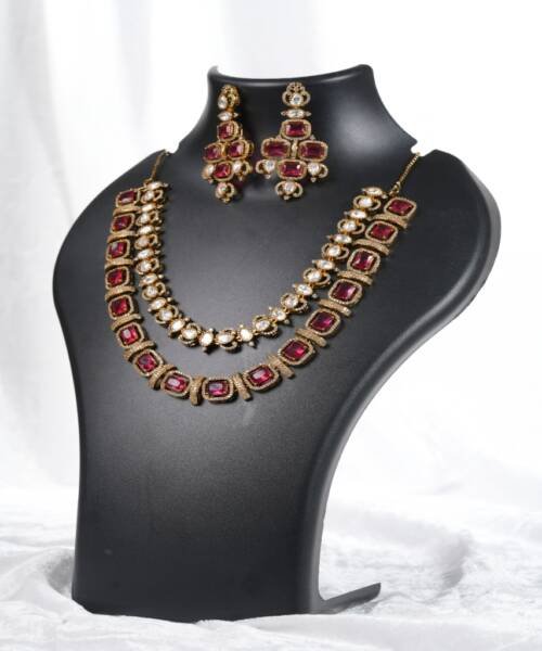 Royal Ruby & White Moissanite Double-Layer Kundan-Inspired Necklace Set