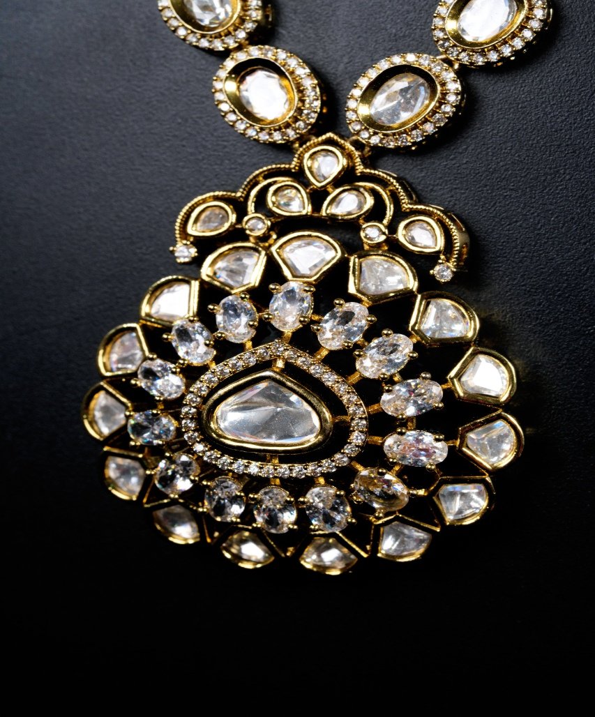 Royal Kundan Moissanite Finish Long Necklace & Earrings Set - Image 6
