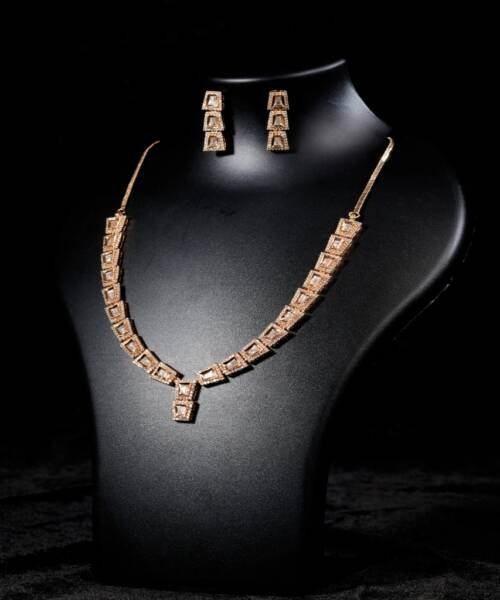 Elegant Rose Gold Geometric Moissanite Finish Necklace & Earrings Set