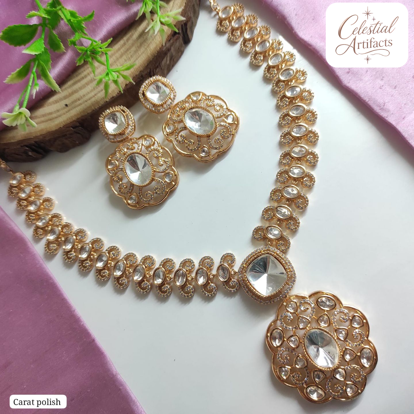 Carat Polish Floral Kundan Designer Necklace Set