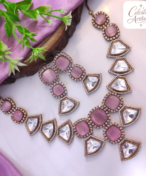 Elegant Rose Quartz & Crystal Designer Necklace Set