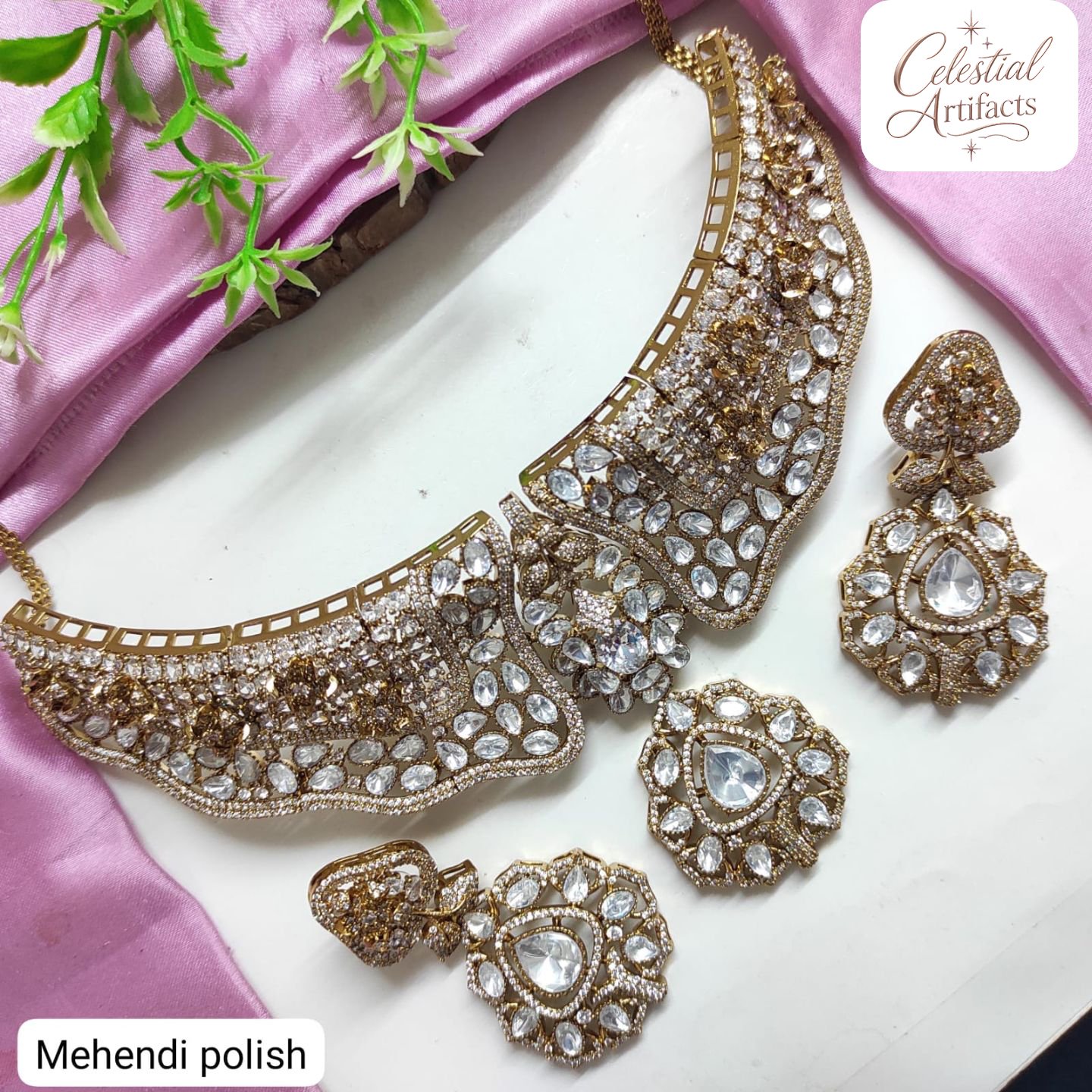 Royal Mehandi Polish Crystal Designer Necklace Set