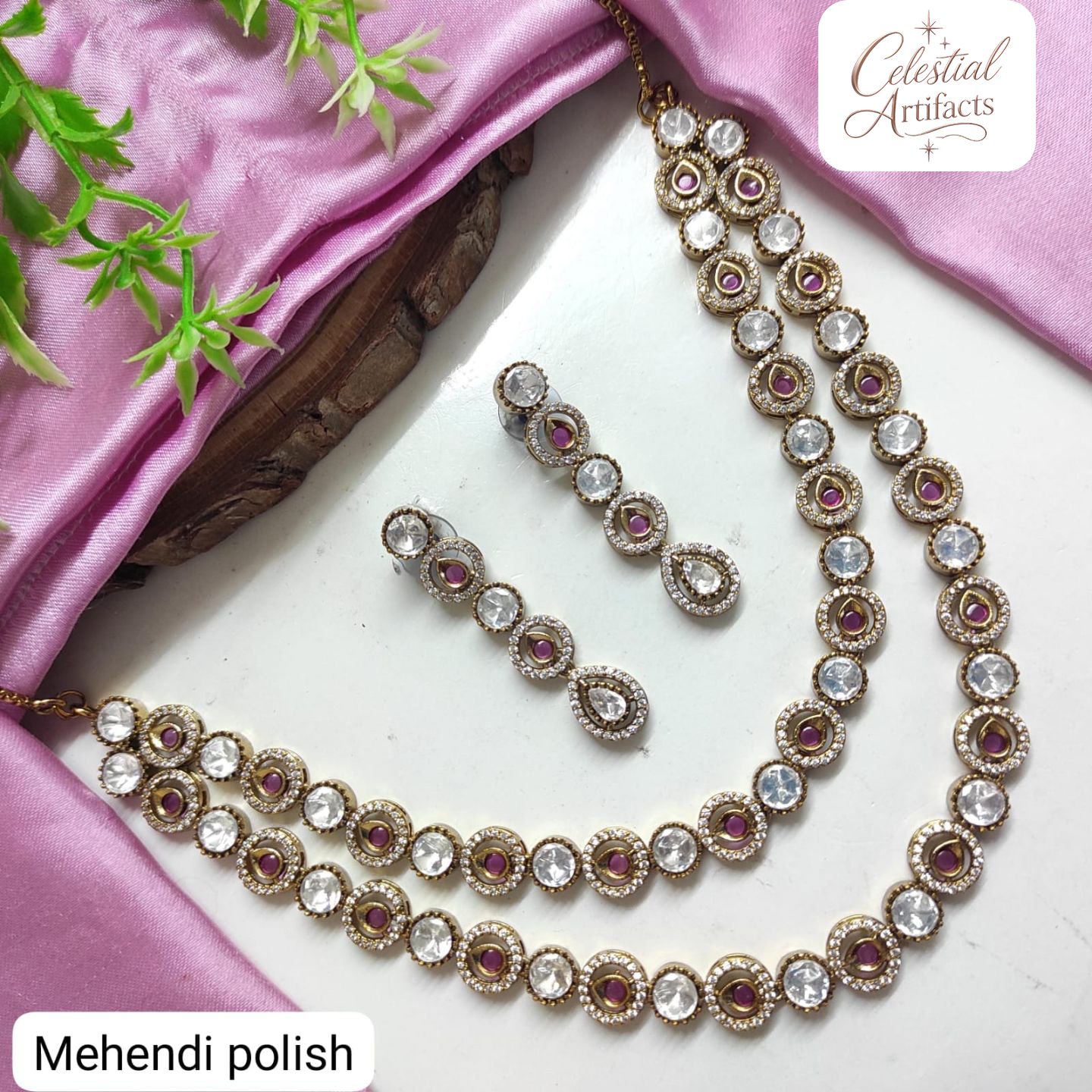 Mehandi Polish Dual-Tone Crystal Necklace Set