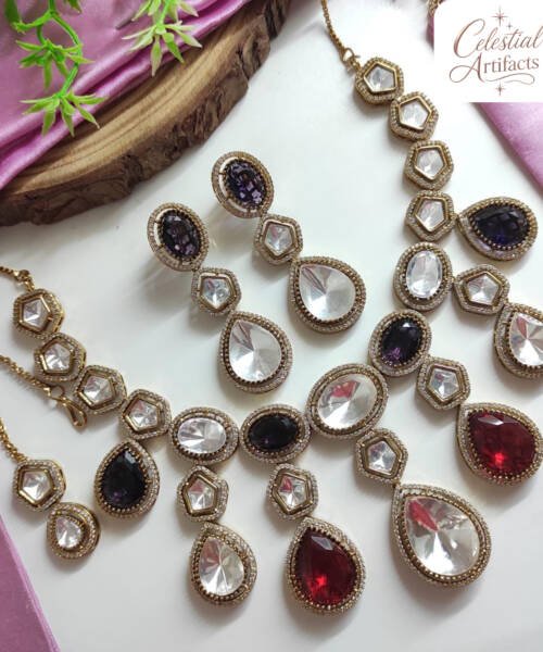 Mehandi Polish Dual-Tone Crystal Drop Necklace Set