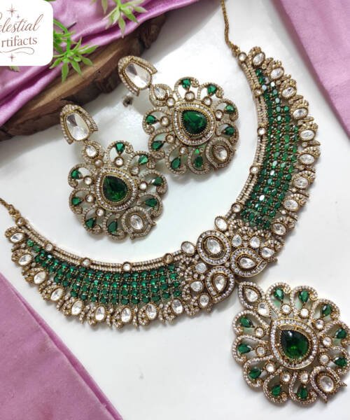 Mehandi Polish Emerald & Multicolour Stone Bridal Necklace Set
