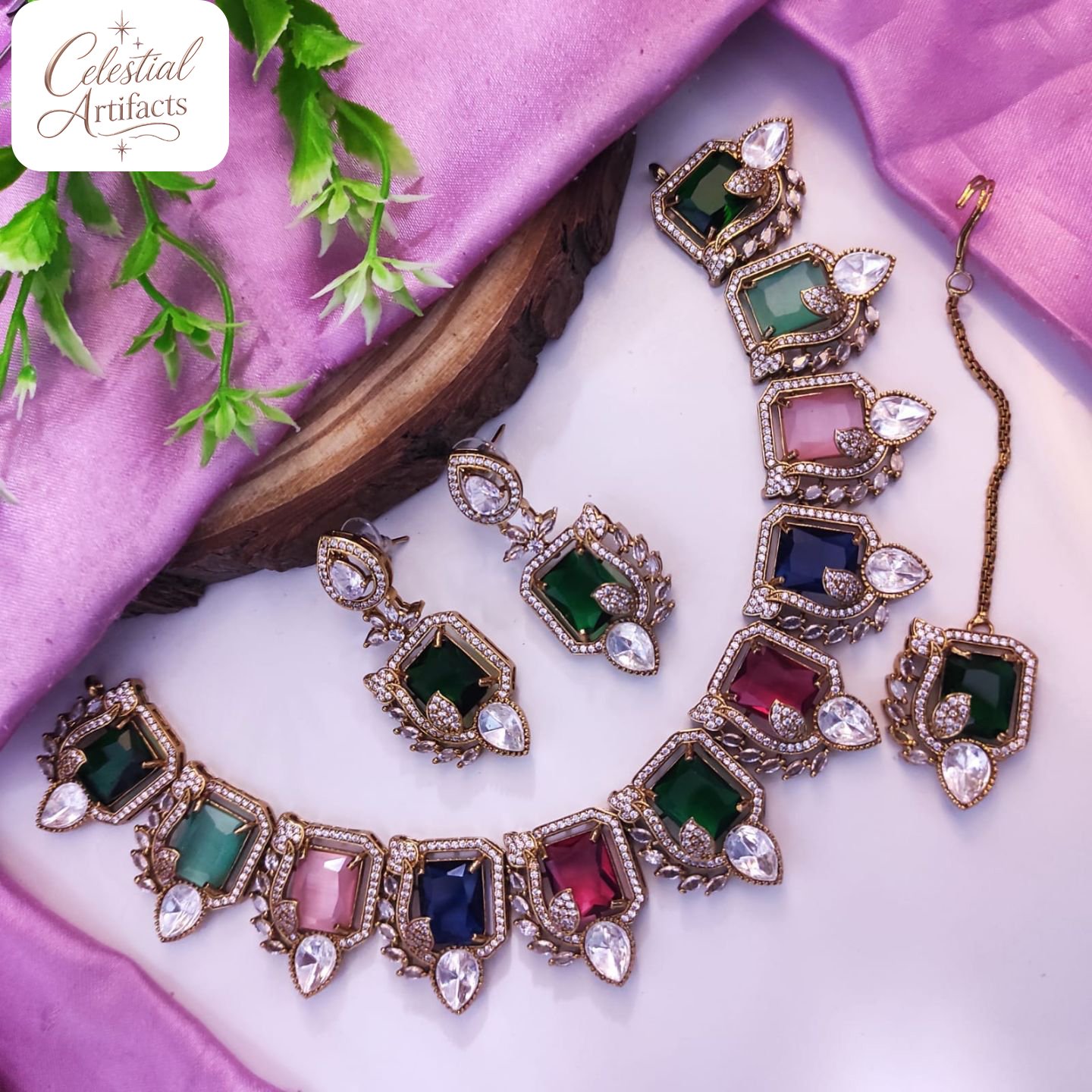 Mehandi Polish Emerald & Multicolour Rectangle Stone Necklace Set