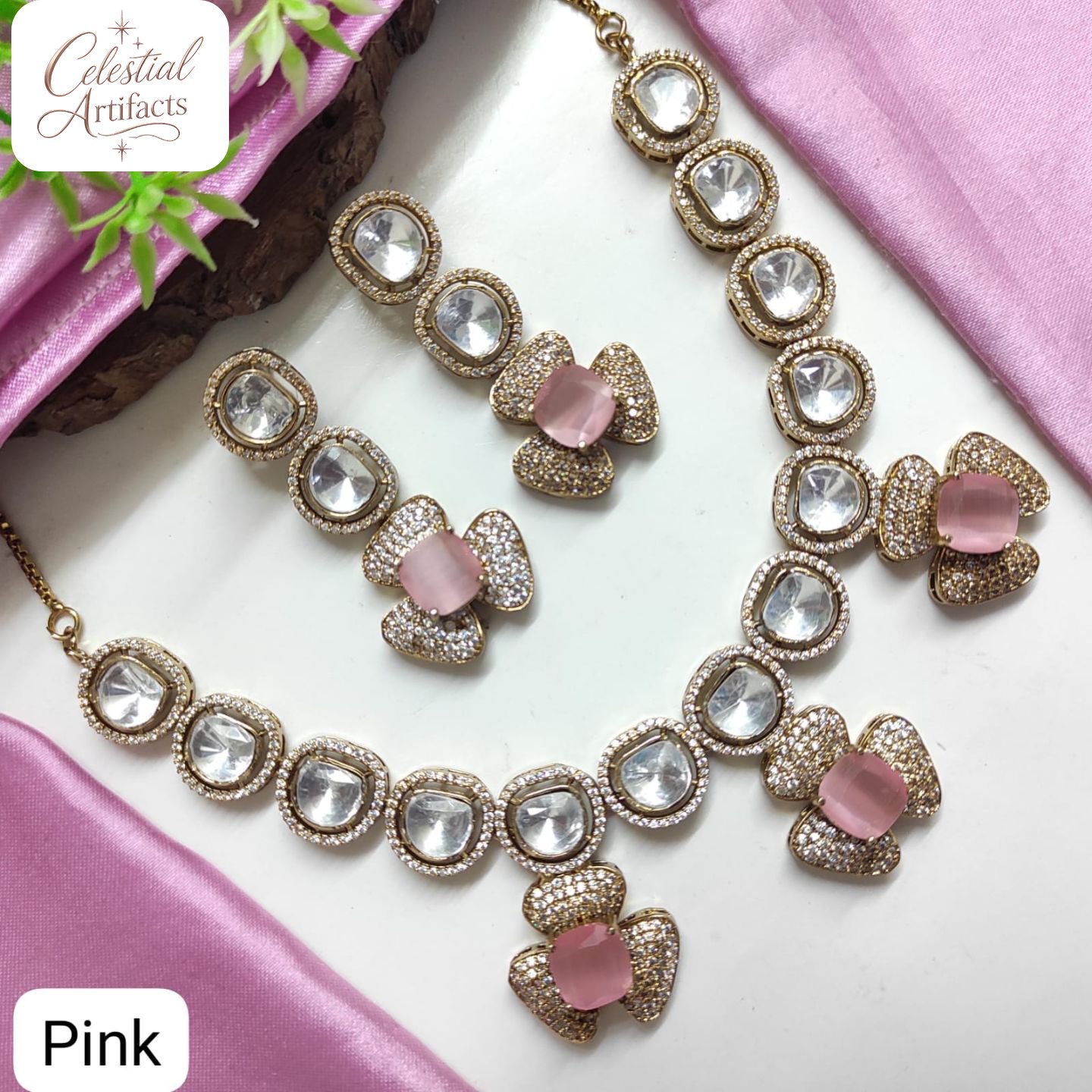 Elegant Floral Crystal Designer Necklace Set - Image 2