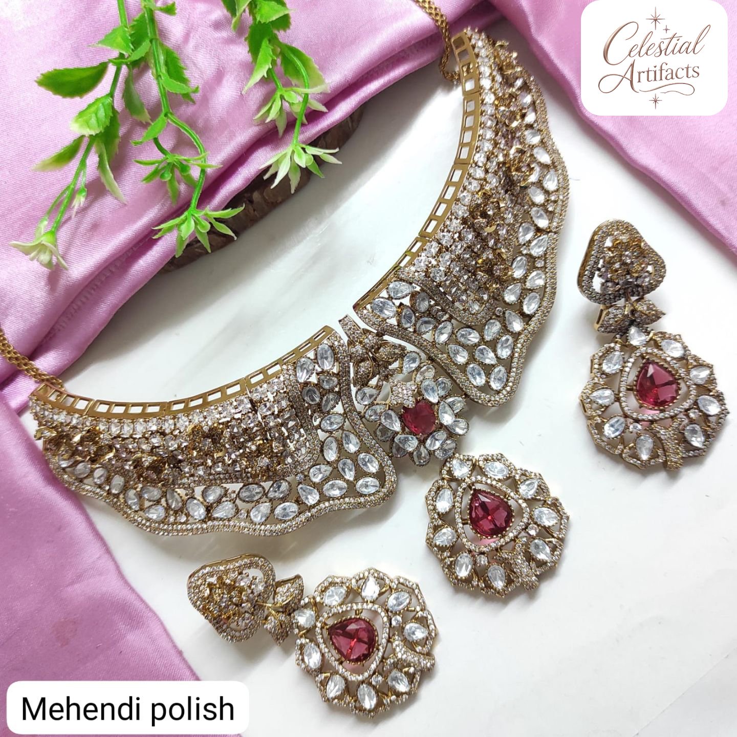 Royal Mehandi Polish Crystal Designer Necklace Set - Image 2