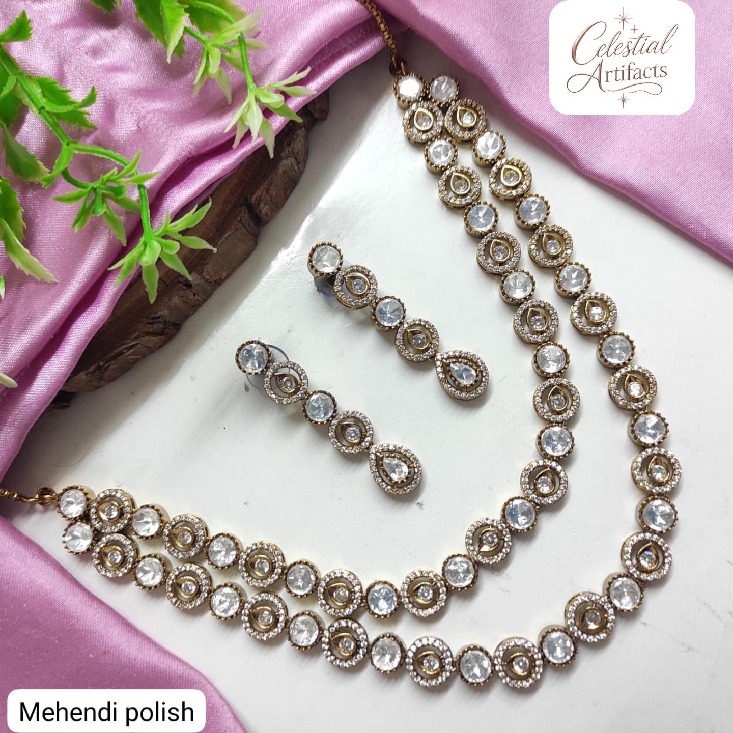 Mehandi Polish Dual-Tone Crystal Necklace Set - Image 2
