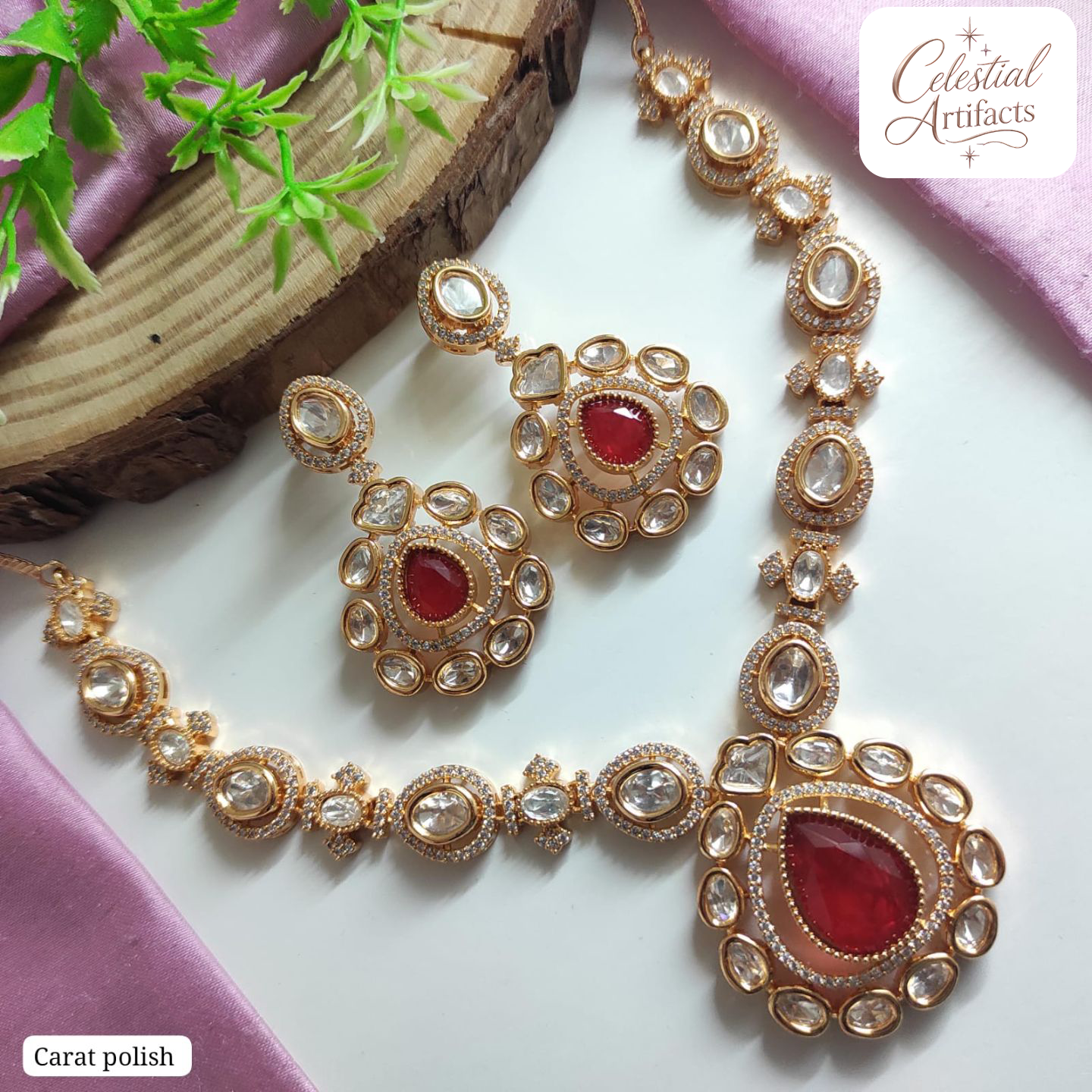 Carat Polish Floral Kundan Designer Necklace Set - Image 3