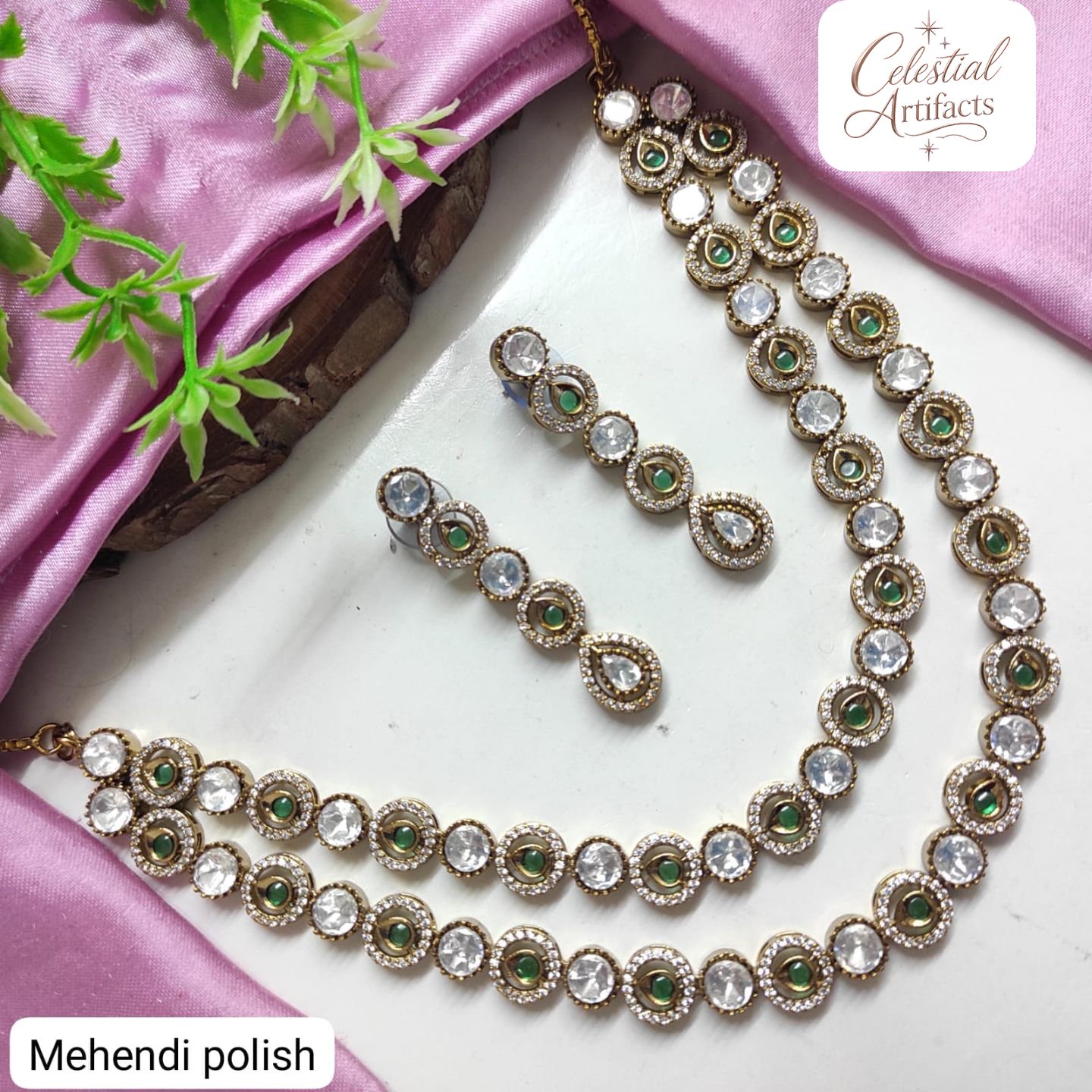 Mehandi Polish Dual-Tone Crystal Necklace Set - Image 3