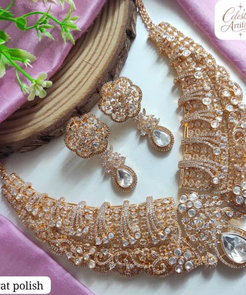 Mehandi & Carat Polish Emerald Green Kundan Necklace Set with Earrings