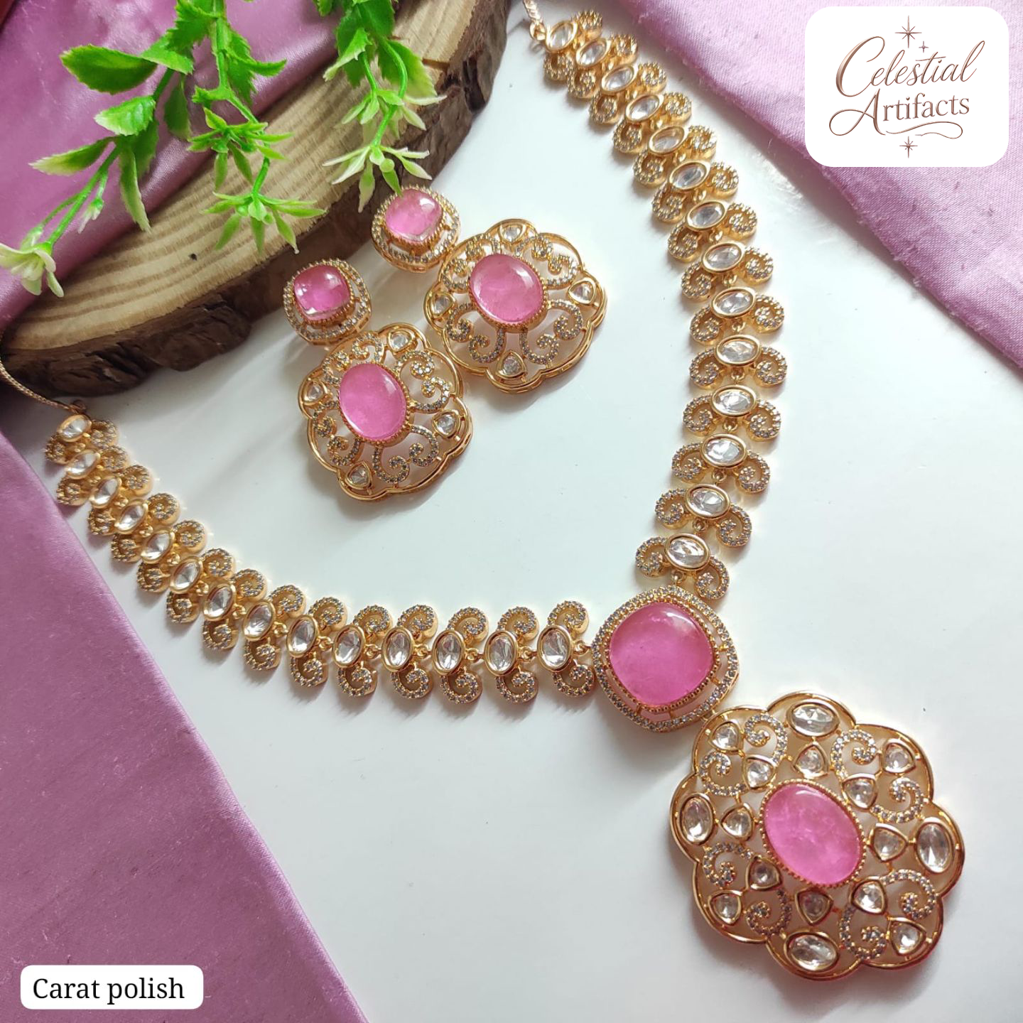 Carat Polish Floral Kundan Designer Necklace Set - Image 4