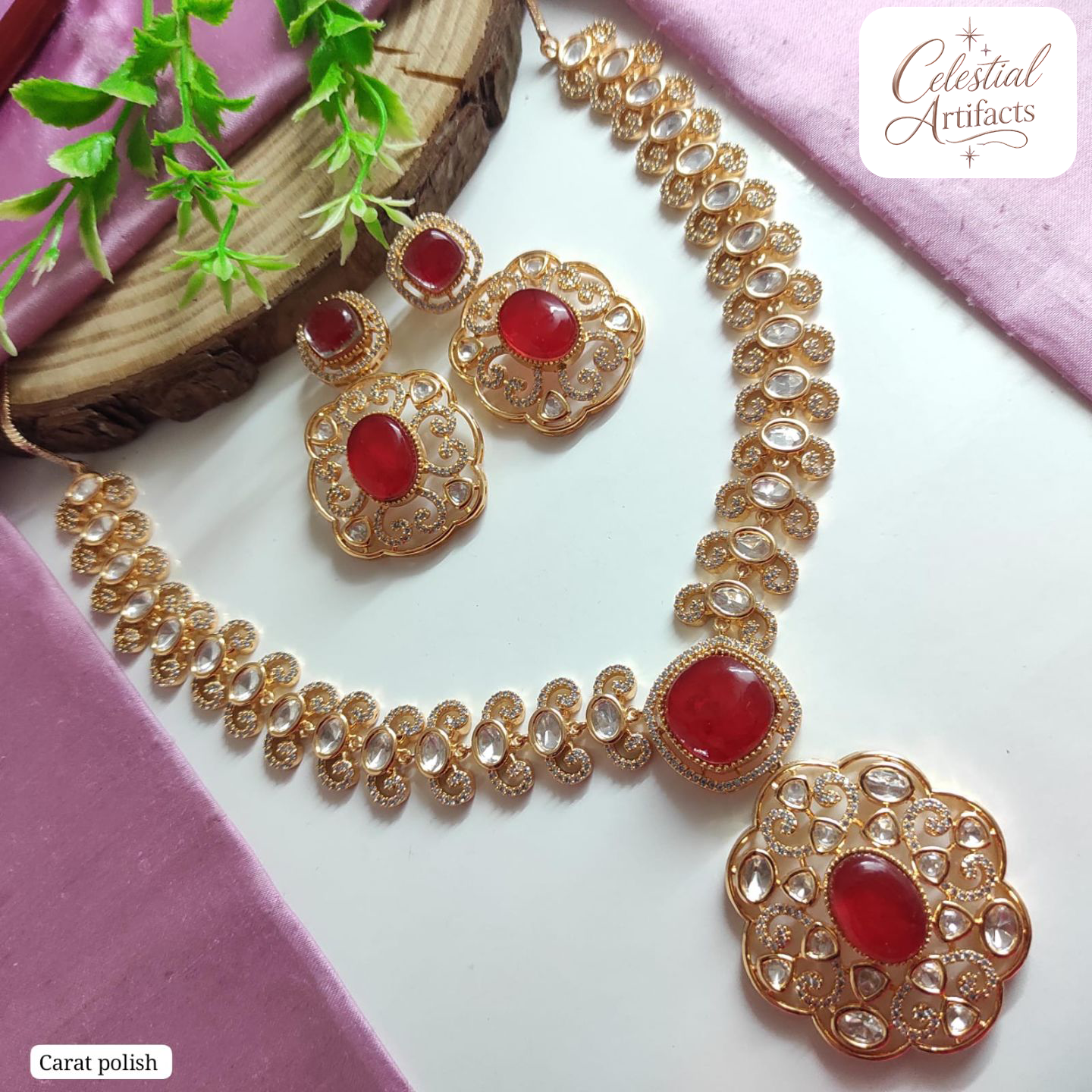 Carat Polish Floral Kundan Designer Necklace Set - Image 5