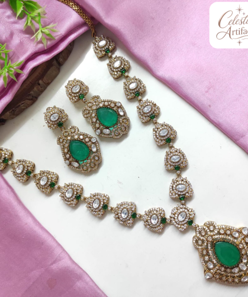 Celestial Emerald & Crystal Floral Pendant Necklace Set